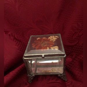 Beveled glass engagement/wedding ring box with dried flower embedded in lid